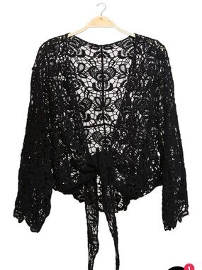 Black Crochet Tie-Front Top by ORIGAMI